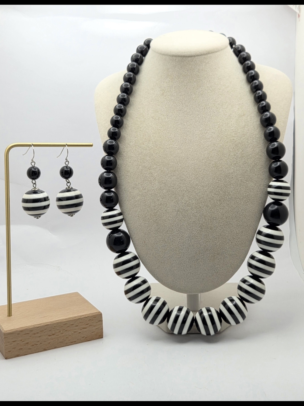 Bold Black & White Striped Beaded Necklace & Drop Earrings Set | Mod Pop Art 26"